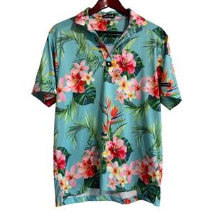 Bad Birdie Mens Tropical Floral Golf Polo Shirt Blue Size M